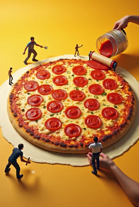 A massive pizza is being prepared. Tiny people are rolling out the dough with a giant roller, one person is pouring tomato sauce from a huge bucket, a team is cutting a large slab of cheese into chunks, and another person is quickly placing pepperoni slice...