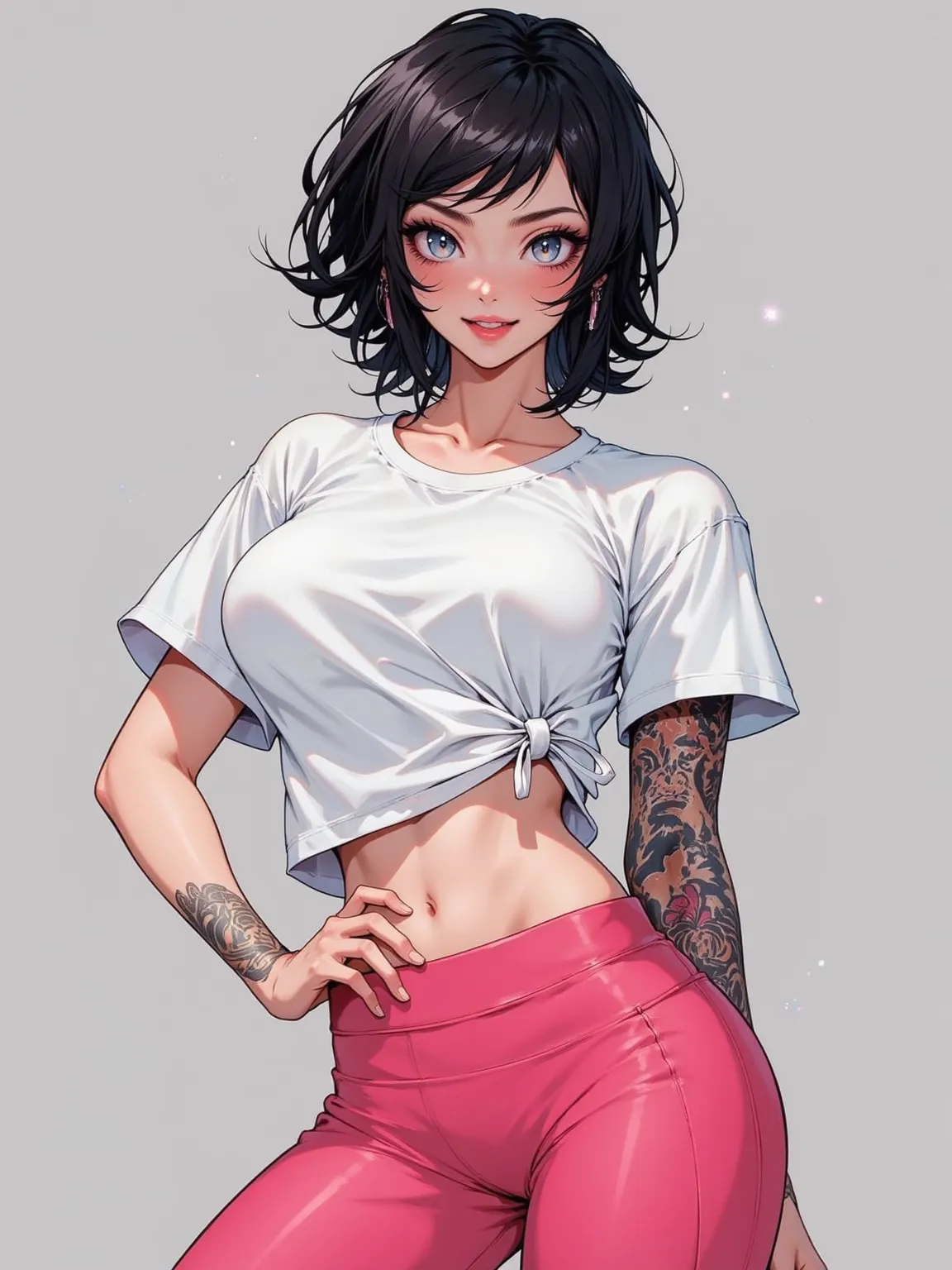 captured a highly detailed face，showing a most beautiful MILF WITH PLUMP BREASTS，with black hair and tattoos on the arm，Excited bright blue eyes，Exuding a happy expression，showing a sporty figure，wearing a white T-shirt and tight pink yoga pants。