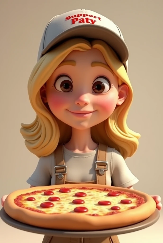 PIXAR 3D model, I want one. BLONDE WOMAN ,  brown eyes , with a cap written on it Support Paty, She's holding a pizza,  smiling