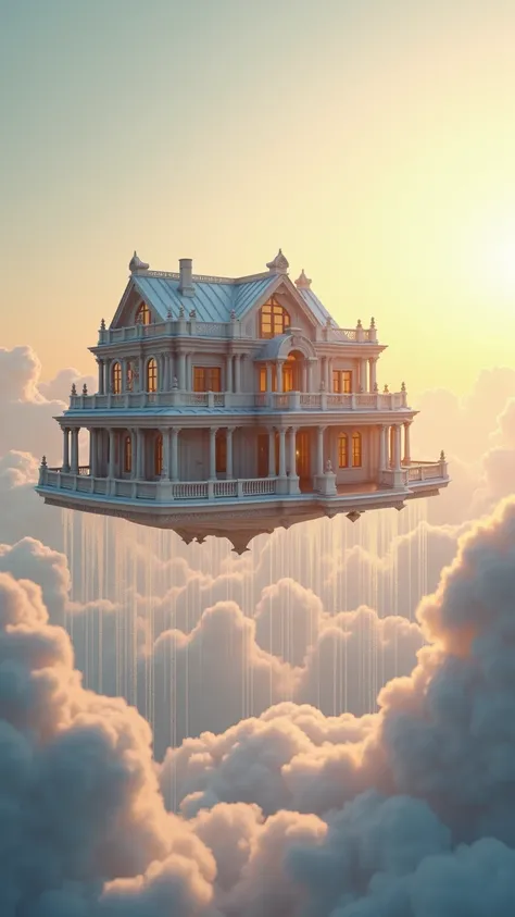 Build a luxury house floating on land in the air, surrounded by small clouds falling rain, The happy sun is on the right, Ultra realistic 3D image