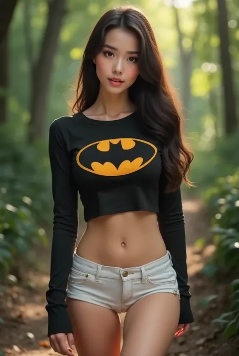 a cute woman from thailand with sexy batgirl  shirt .  whole body .  realistic beautiful girl.forest .her face like reference picture. legs appear.   masterpiece.pretty. 18 year old.    good curve. be slightly fat.  sexy short white pant. 