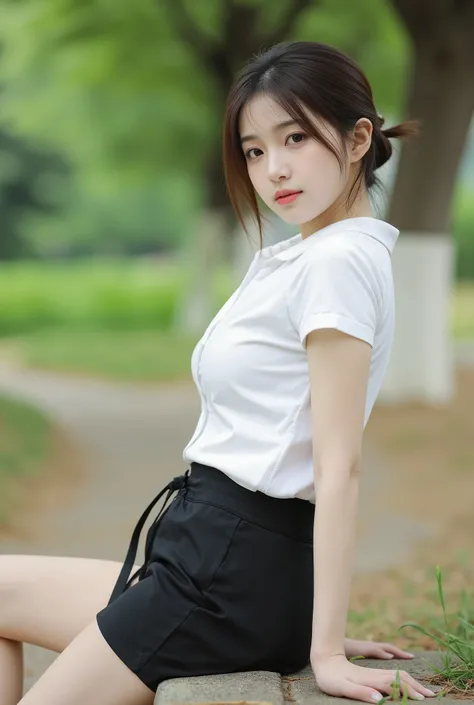 with dark brown hair tied at the back、A breathtakingly beautiful woman ,  slender figure , And slender eyes　she wears a Nishit costume, with a white short-sleeved collared shirt、black pencil miniskirt that fits her body properly tucked in、wears a stylish b...