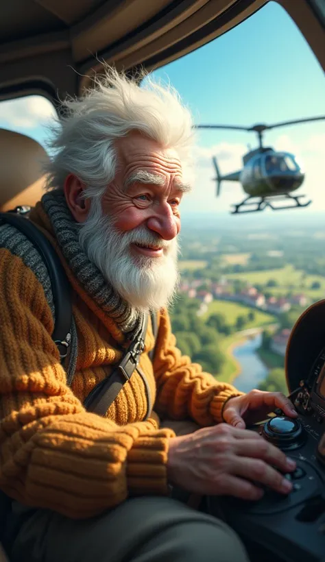 I want you to create a character that is a grandpa riding a helicopter 