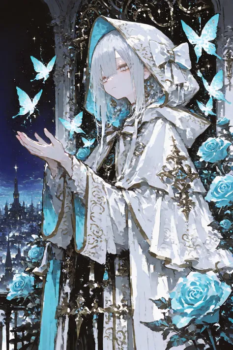 illustration, best quality, dramatic lighting,r17329_illu,usnr,masterpiece, best quality, ultra-detailed, a photorealistic depiction of a beautiful young woman with long, flowing silver hair, dressed in an ornate hooded cloak adorned with intricate butterf...