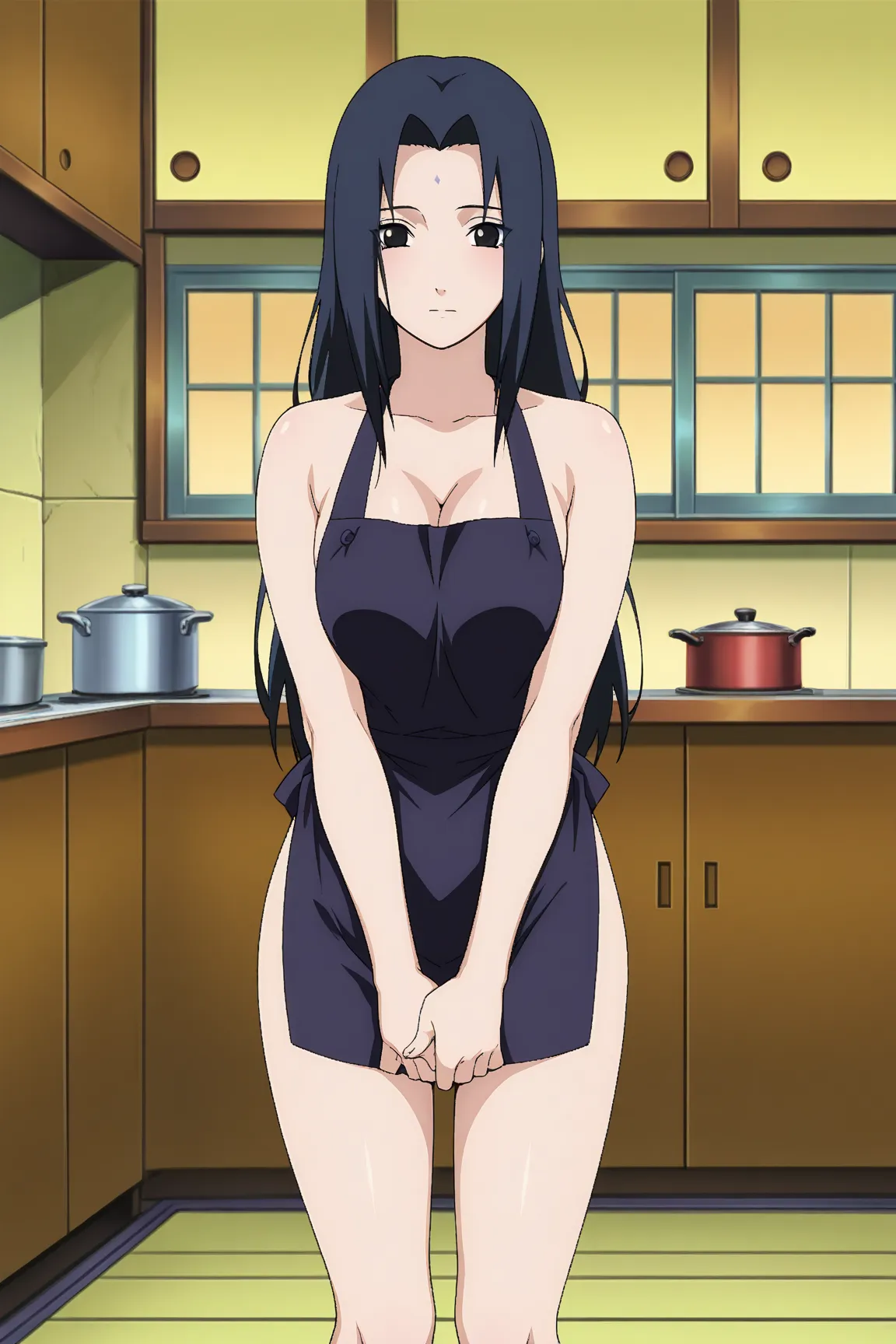 High quality, HD, official art , anime screencap,  detailed anime ,  intricate details,
breasts, 
  mature women ,
Mikoto, 1 girl,  long hair, Uchiha Mikoto , dark blue hair,  black eyes , Wearing naked tiny apron, perfect hands, perfect fingers, bare shou...