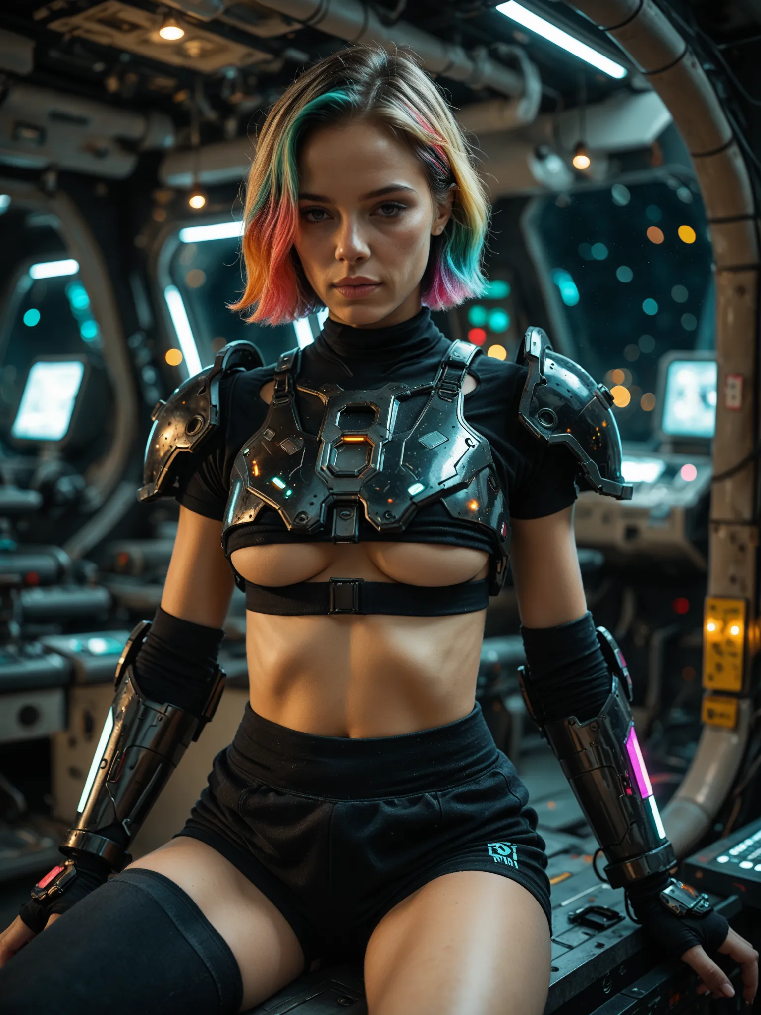 masterpiece, best quality, amazing quality, realistic, (cowboy shot), bimbo, multi-colored hair, short hair, crop top, underboob, black gym shorts, cleavage, cyberpunk light armor, seductive pose, sitting, (looking at viewer:1.3), space station, depth of f...