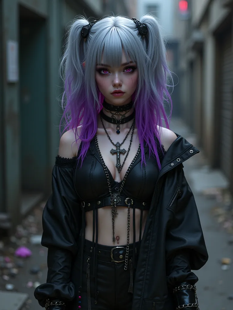 (giraiーkei)The hair color is purple and the hair is two-tone gray　necklace with a cross from the neck　 platform boots　pink eyeliner under eyes　The chain is hanging