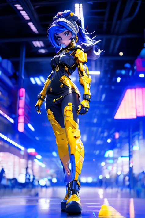 A futuristic female warrior with long, flowing, bright blue hair with a silver sheen, styled into a high ponytail with metallic highlights. Some loose strands frame her fierce yet elegant face, reflecting the neon lights around her. She wears a sleek, asym...