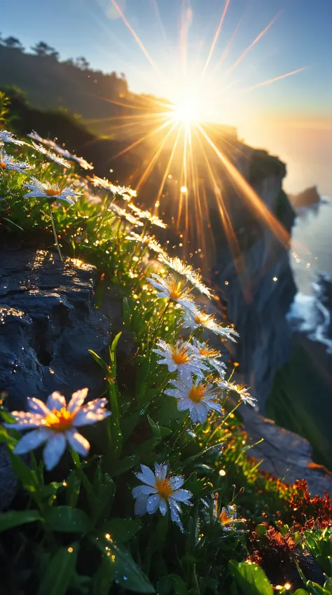 複雑なdetails,  details,  realism, the first rays of sunshine in the morning， dew falling on flowers on a cliff，(Sunrise， lens flare)，， HD Wallpapers ， natural light, dramatic, Source Reality ,
