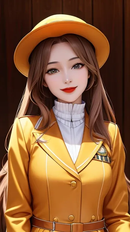 woman , long hair golden brown, normal, she is solo, from alternative world ,best quality, realistic, cycling (full red yellow) police general suit and hat police, she is stand , smile, red lipstick , 