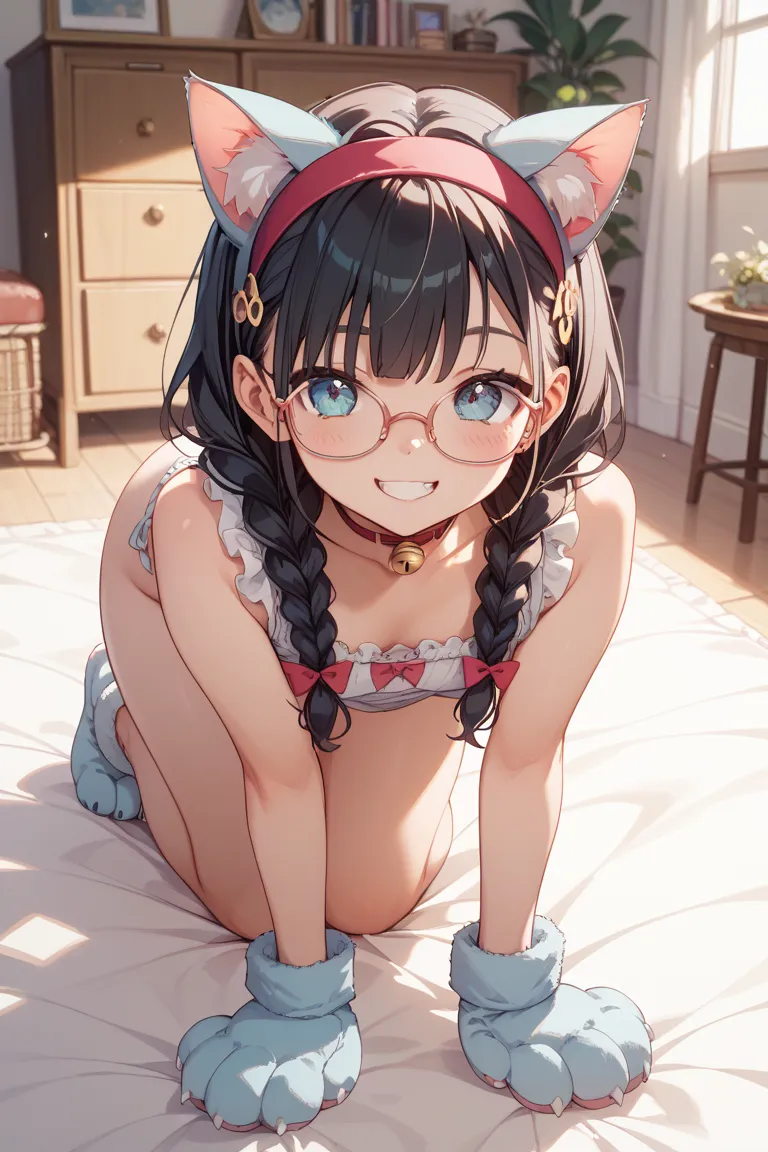  black hair、 braids、Glasses、 plump、Petite、cute、 big smile 、 in the room、 cat ear headband、Cat paw gloves、 on all fours、 cat pose