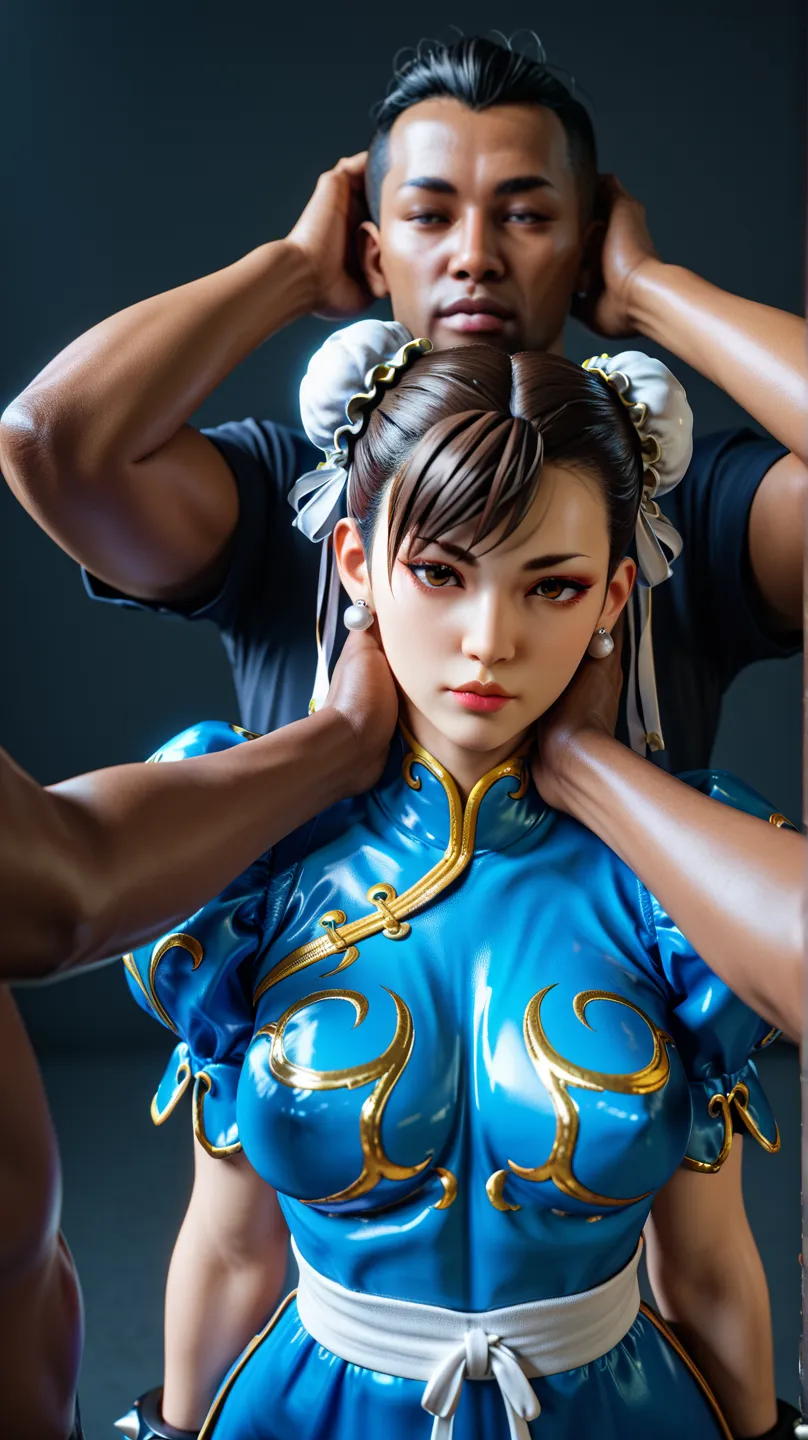 1girl, Chun-li, no expression, expressionless, 1dark-skinned oldman, oily skin, 3d, face on head, sniff head, hands off, hands down,