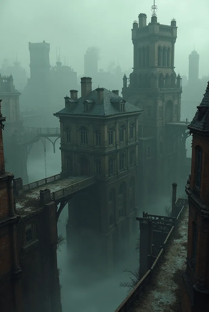 wide shot seen from down, old decrepit manor (1900s) wedged between two tall dilapidated buildings from the 1930s in a Gothic city, bridges, old factories and other old buildings, smoke, noxious atmosphere