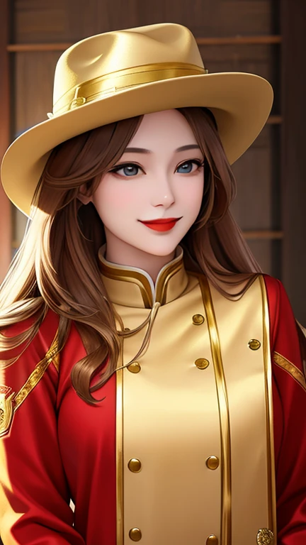 woman , long hair golden brown, normal, she is solo, from alternative world ,best quality, realistic, police general suit and hat police, she is stand , smile, red lipstick , 