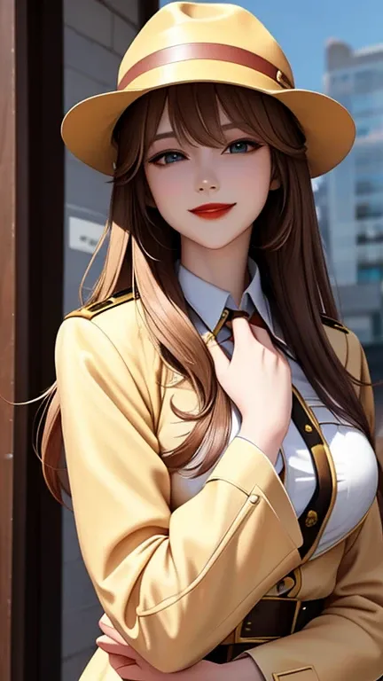 woman , long hair golden brown, normal, she is solo, from alternative world ,best quality, realistic, police general suit and hat police, she is stand , smile, red lipstick , 