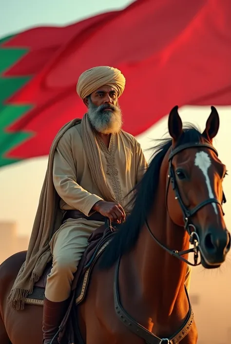 Make a YouTube thumbnail in which a Pakistani Punjabi men sitting on a horse with Bahraini flag 