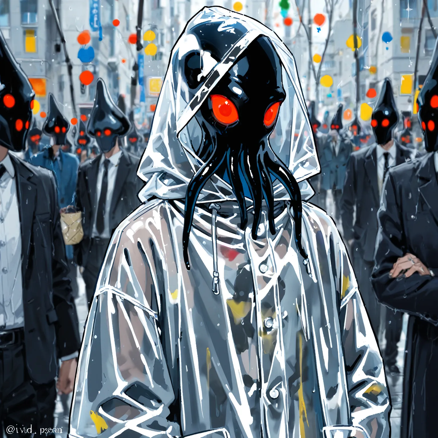 （TOP QUALITY）、（fine detail）、（vivid color）、（high quality）、Squid man wearing a raincoat、I'm wearing a white and black body