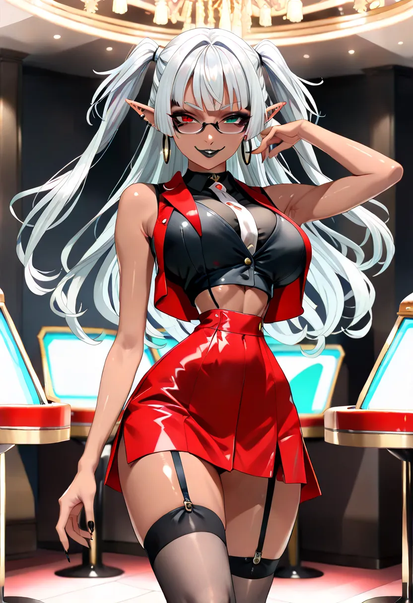  alone , natural Light, dark elf , sexy lady , Noise Reduction , darkskin style , under rim glasses , (blonde colored eyebrows:1.2) , Perfect Detailed eyes , slant eyes , (heterochromia:1.5) , red eye , Turquoise green eye , casino , elf ears , many pierci...