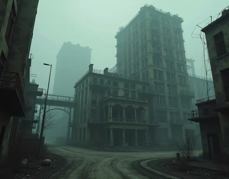 wide shot, from down, old decrepit manor (1900s) wedged between two tall dilapidated buildings from the 1930s in a Gothic city, bridges, old factories and other old buildings, smoke, noxious atmosphere