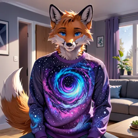 ((best quality)), (( Masterpiece )), ( details), 1 guy, purple galaxy print sweatshirt,  fox,  gray jeans , Blue eyes, in the house, close to the viewer