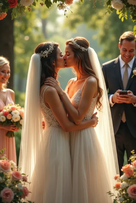 The wedding ceremony of two young lesbian girls in beautiful clothes kissing each other on the lips