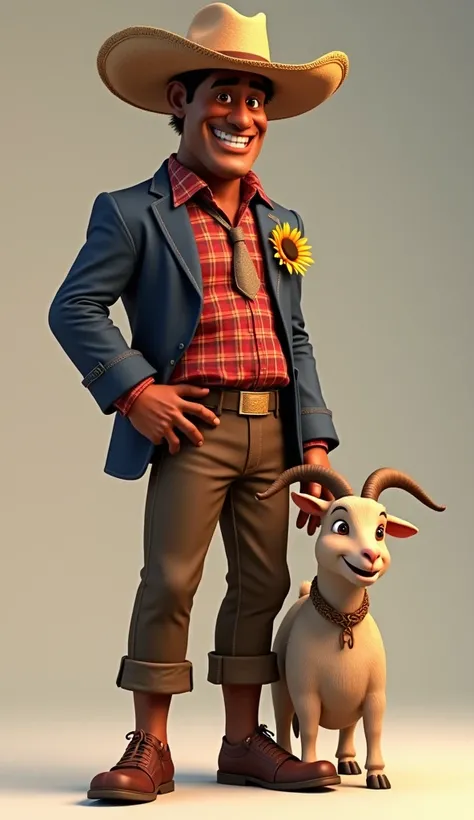 realistic cartoon style man in high quality with 3D Pixar details of a Brazilian man with brown skin caipira an elongated body smiling it is essential that he is wearing a red plaid shirt with a navy blue jacket with plaid details, tie and brown pants with...