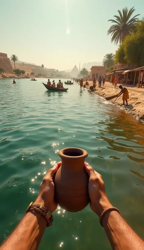 An ultra-realistic image in the point of view (POV) style, capturing the first-person perspective of an Egyptian standing on the banks of the Nile River on an ordinary day. The viewer’s hands hold a clay jar, about to scoop up the river’s clear water. The ...