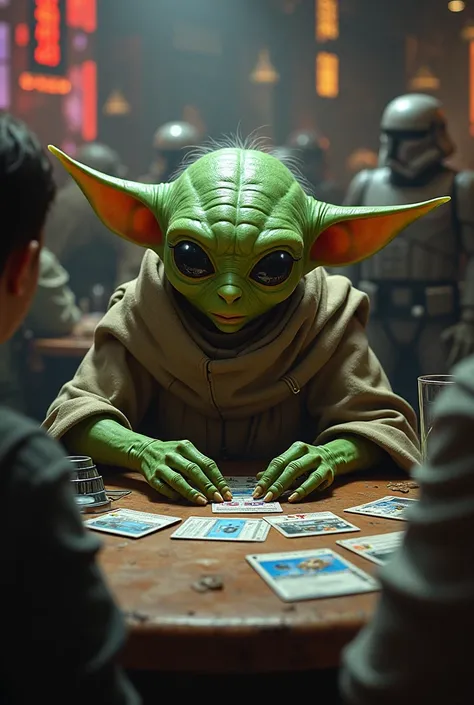 A Rodian from Star Wars playing the card game Star Wars Unlimited 