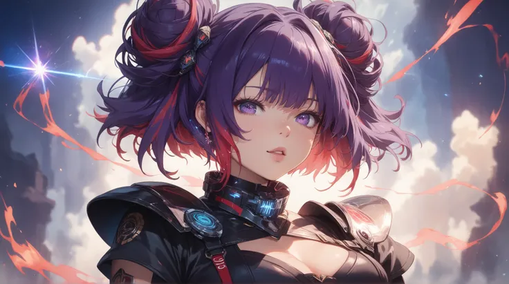  anime girl with short bob-cut dark violet hair cascading down her back, with two small buns on either side of her head. She stands in front of a blazing galactic core, the radiant energy casting deep purple and red highlights on her sleek black buttoned s...