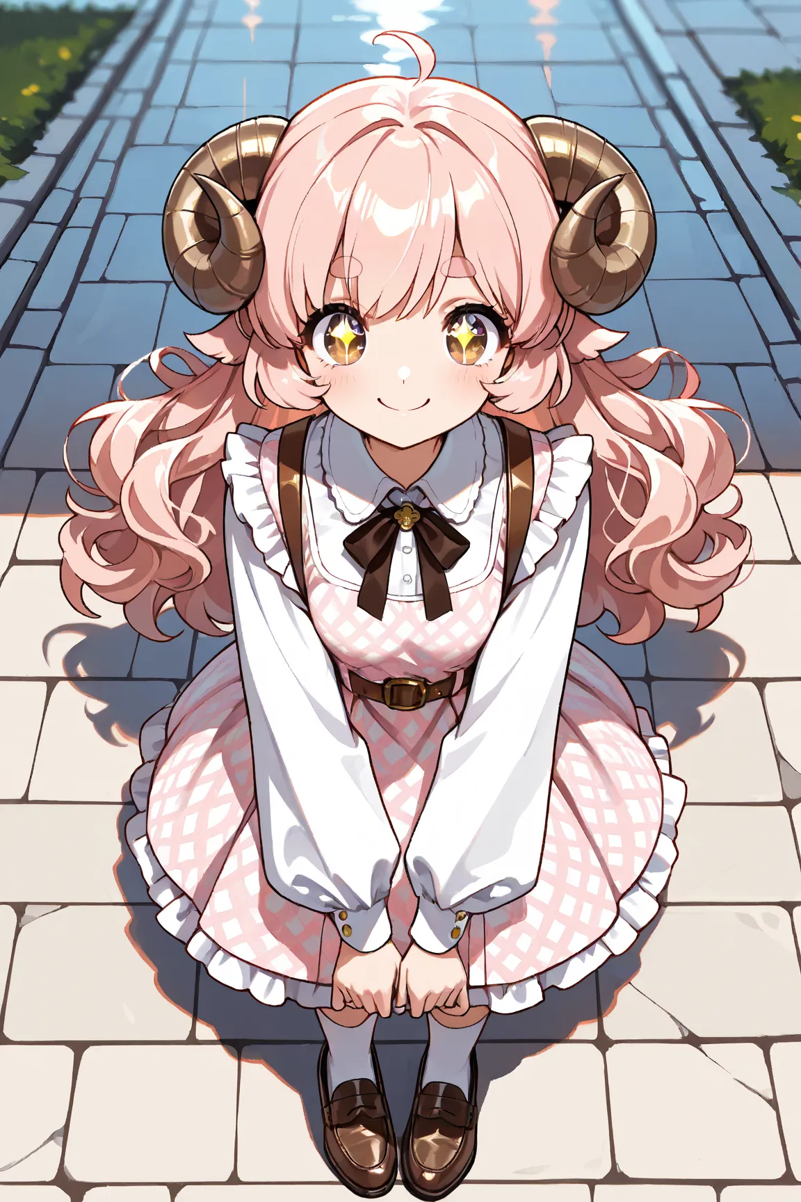 (masterpiece,best quality:1.2),illustration style,a elegant woman\(big eyes,sparkling eyes,details of eyes,thick eyebrows,long fluffy hair,soft pink hair,elegant hair,small sheep circle horns attached on her head,small light brown sheep horns,big smile\),d...