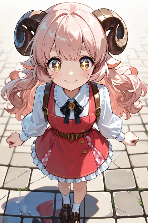 (masterpiece,best quality:1.2),illustration style,a elegant woman\(big eyes,sparkling eyes,details of eyes,thick eyebrows,long fluffy hair,soft pink hair,elegant hair,small sheep circle horns attached on her head,small light brown sheep horns,big smile\),d...