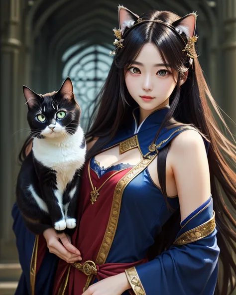 Overall calm but vivid colors、Japanese manga style、 Medieval Fantasy Style 、( perfect face)、(Detailed costumes)、Mr.々Poses and angles、My cat and I 、(effect): ( is amazing)、(TOP QUALITY)、(sharp focus)、(depth of field)、(high resolution)