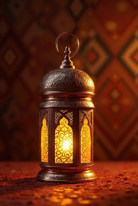 Ramadan lantern copper with Islamic stamps and yellow light 