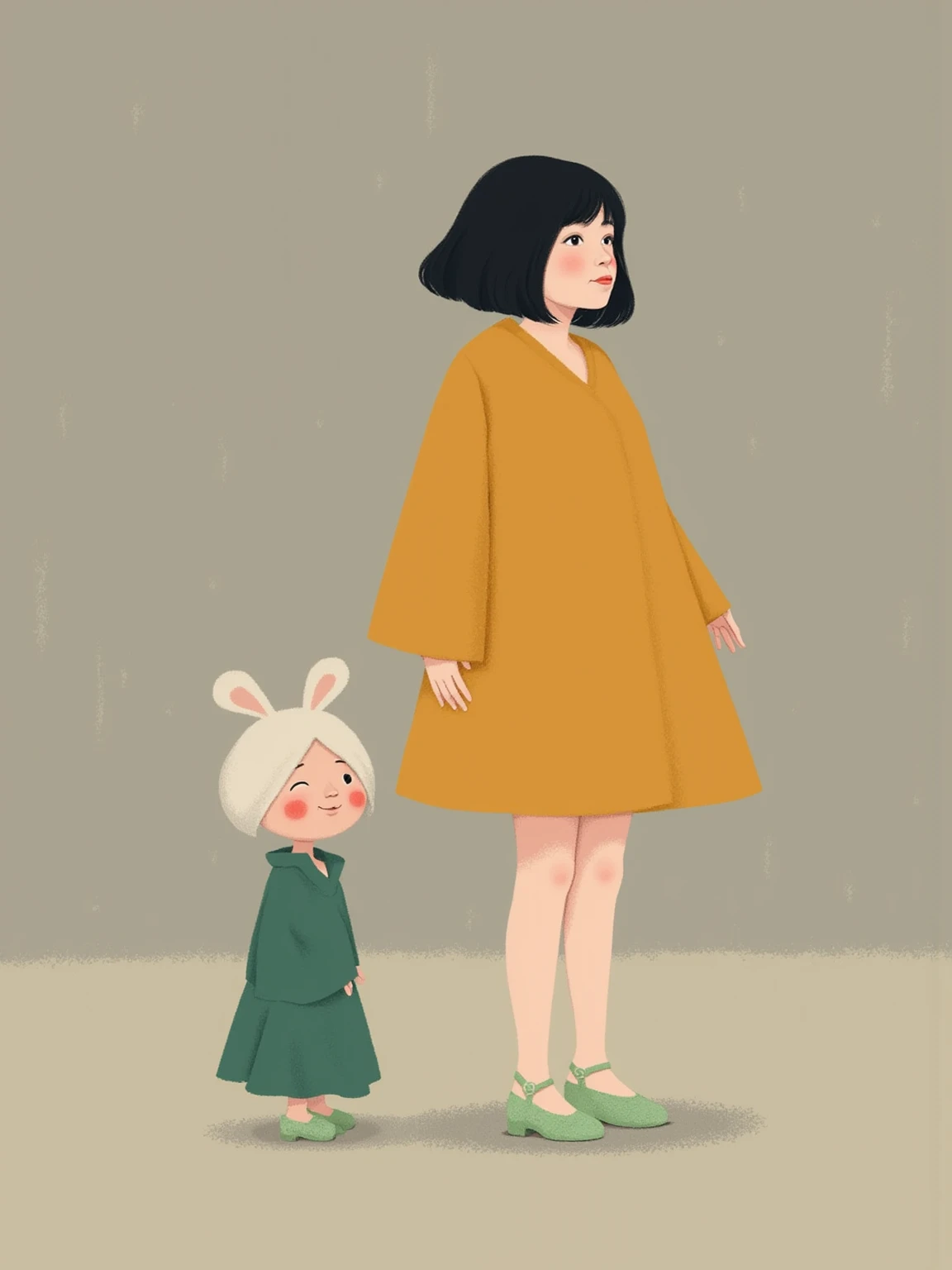 1girl The art should be minimalist and flat colors, in the style of Keith Negley, Mike Mignola, Jon Klassen. The art style should be flat, vintage retro, lofi, simple yet detailed, and in vector format.