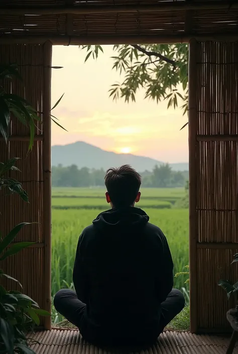 A man wearing a hooded black switcher. sitting in a bamboo hut on a hill looking at a rice field. Background langit sore hari. Full hd8k image