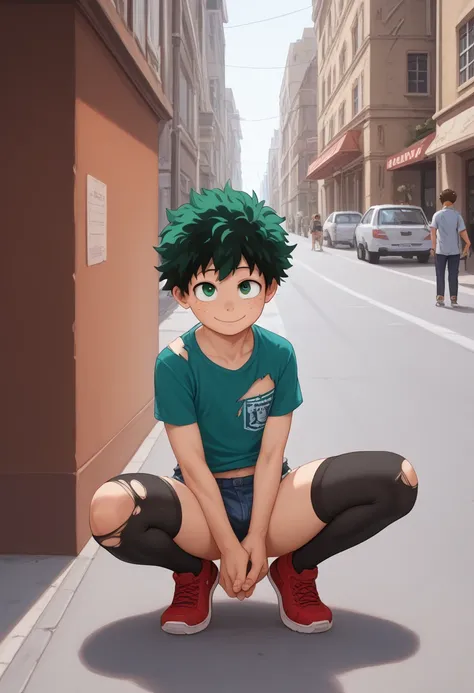 Midoriya izuku,(masterpiece), best quality, expressive eyes, perfect face, black thighhighs, full body,street,squatting in street,torn shirt,naughty face,looking at viewer,male focus,boy,shota,femboy,multiple boys, ageprogression,