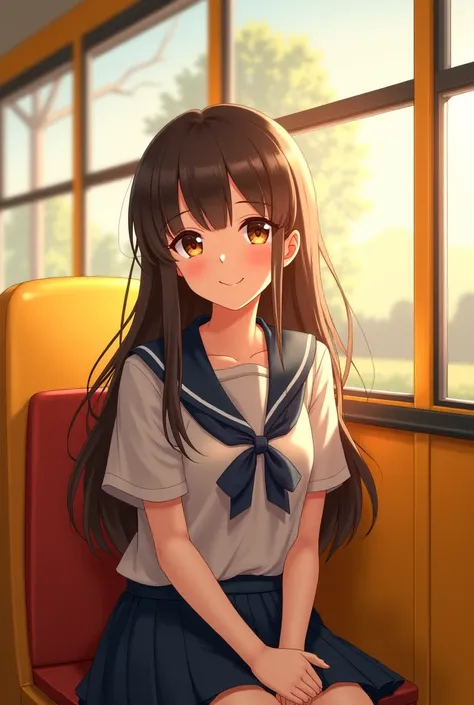 A beautiful school girl on the yellow school bus,the window on the sitdown,sweetly smile,beautiful long hair