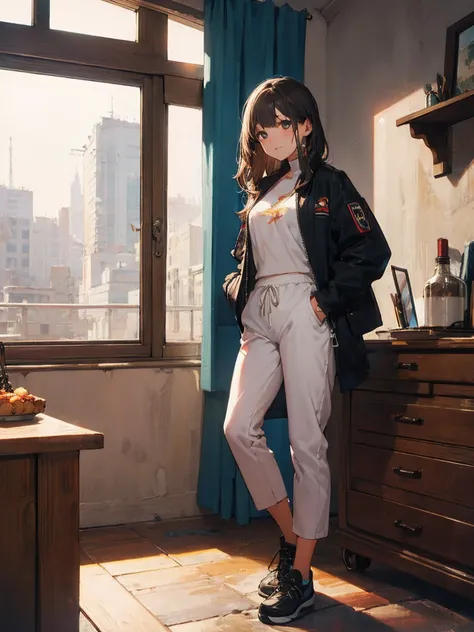 photorealistic， ultra high precision，TOP QUALITY，TOP QUALITY，8k，RAW photo， very detailed，  super high resolution ，( very cute girl)，whole body，1 person，nappy trousers, oversized jacket