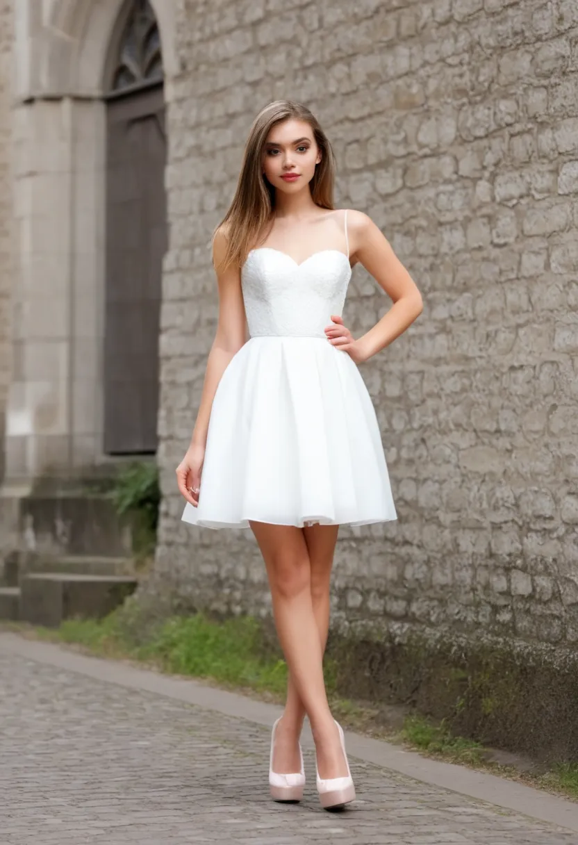 B laura, girl,full body,standing,looking at viewer,beautiful cute girl,platform high heels, coquette lips, body,petite,skinny,slim waist,cute face,good anatomy,best quality,16K,street,girl,light skin,wedding dress,church,