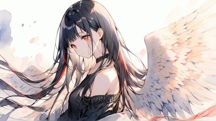 Alone, handsome,watercolor,
1. woman,
bangs, straight hair , long hair,
black hair, Gojo Satoru, angel wings,
red eyes,
black knit,Off the shoulder ,
skin, Silver Accessories ,
white background,
