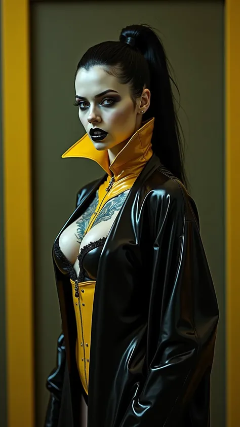 ANGELINA JOLIE, Dominatrix  , pale skin, vampire, nosferatu, dracula, BDSM, blue yellow latex , brilliant, metallic, corps latex noir, longue jupe crayon en latex noir, transparent  latex transparent Japanese latex kimono  , red brown latex over the knee b...