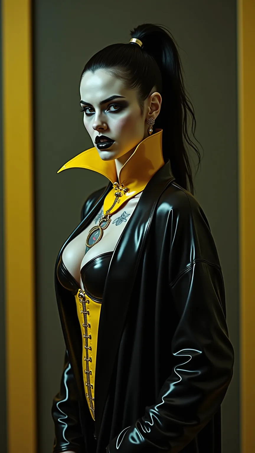 ANGELINA JOLIE, Dominatrix  , pale skin, vampire, nosferatu, dracula, BDSM, blue yellow latex , brilliant, metallic, corps latex noir, longue jupe crayon en latex noir, transparent  latex transparent Japanese latex kimono  , red brown latex over the knee b...