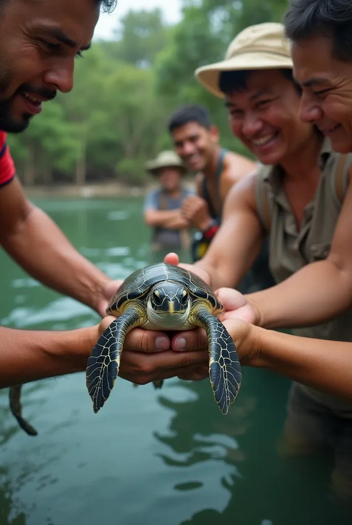 Some people are pulling a baby turtle out of the river.
