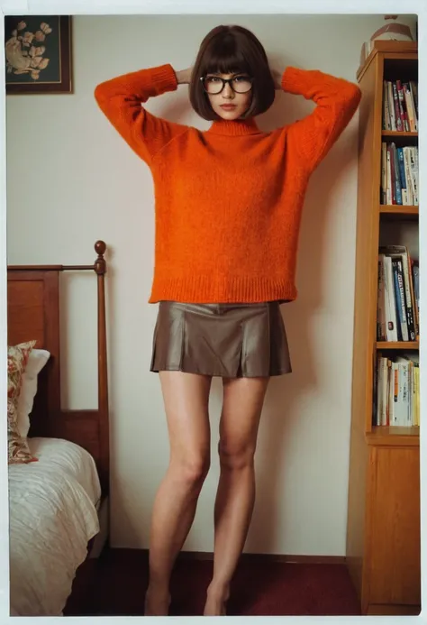    1 girl,     Velma Dinkley Porn Movie Nude Big   , I hope   , Loose,     Brown Bob Hair ,   brown eyes on the frame, Glass,    standing in a bedroom wearing an orange wool sweater  ,    、   protruding stomach ,   light brown matte skirt standing in a bed...