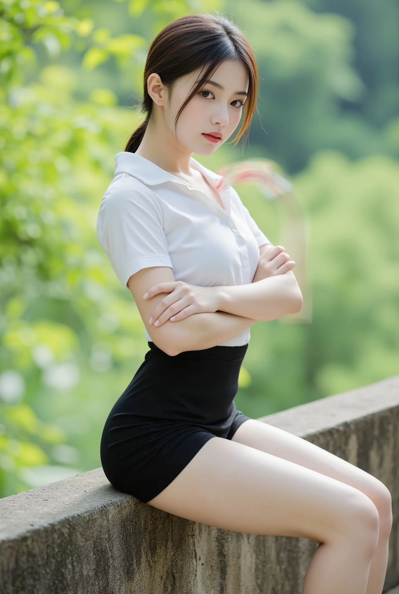 with dark brown hair tied at the back、A breathtakingly beautiful woman ,  slender figure , And slender eyes　she wears a Nishit costume, with a white short-sleeved collared shirt、black pencil miniskirt that fits her body properly tucked in、wears a stylish b...