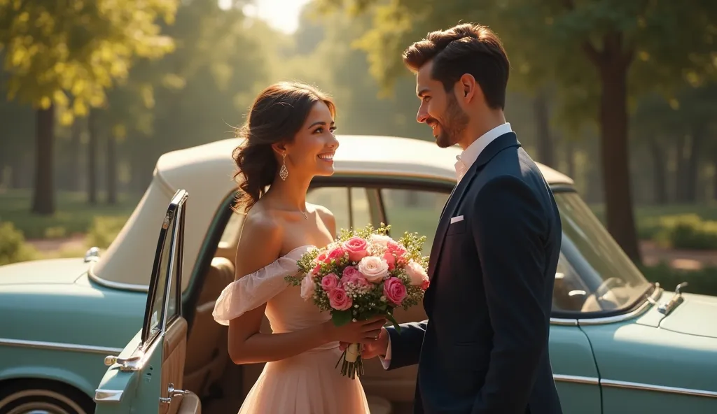 A pretty woman standing out side the car and car's door is open by his man who is giving her princess treatment giving flower to her