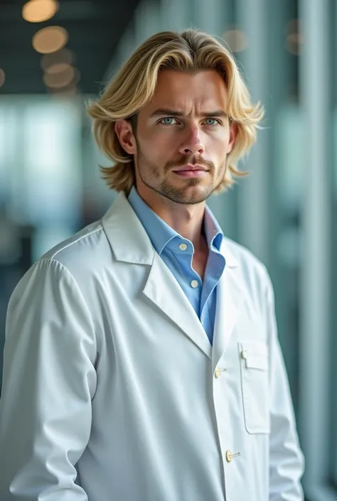  man, scientist with blond hair 10 cm long.  eyes light blue , smart , focused gaze. Dressed in stylish white cotton clothes.  is standing straight.