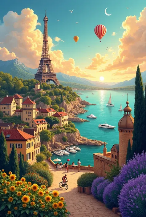 A panoramic, hyper-detailed illustration capturing the essence of French tourism. The scene merges iconic landmarks, landscapes, and culture: the Eiffel Tower glowing at dusk in Paris, lavender fields in Provence under a golden sunset, the turquoise waters...