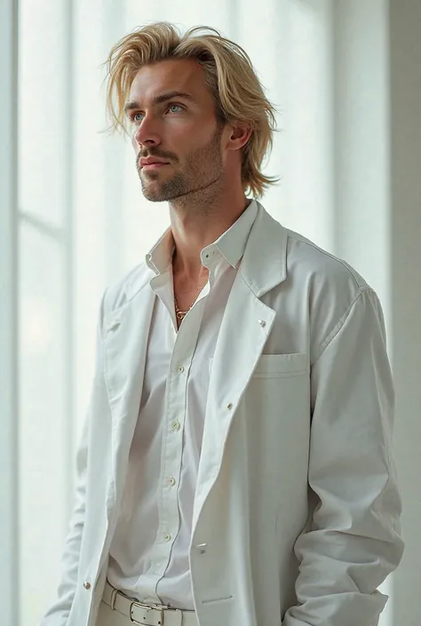  man, scientist with blond hair 10 cm long.  eyes light blue , smart , focused gaze. Dressed in stylish white cotton clothes.  is standing straight.