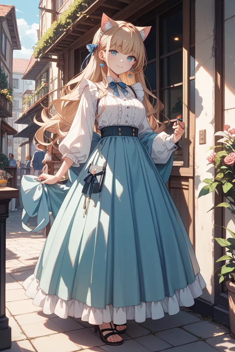 Uh, 1 girl、Ash Hair、 is standing、 Frill Long Skirt、long hair、 cat、Soft、Cat day